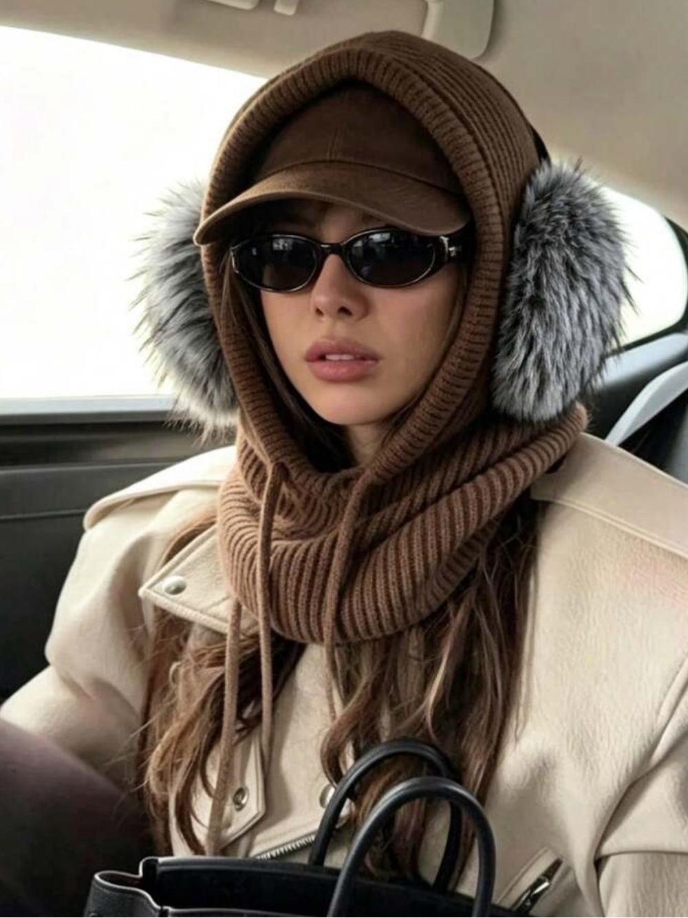 OBOVAY 1pc/2pcs Women's Drawstring Faux Collar Wool Balaclava Hat, Outdoor